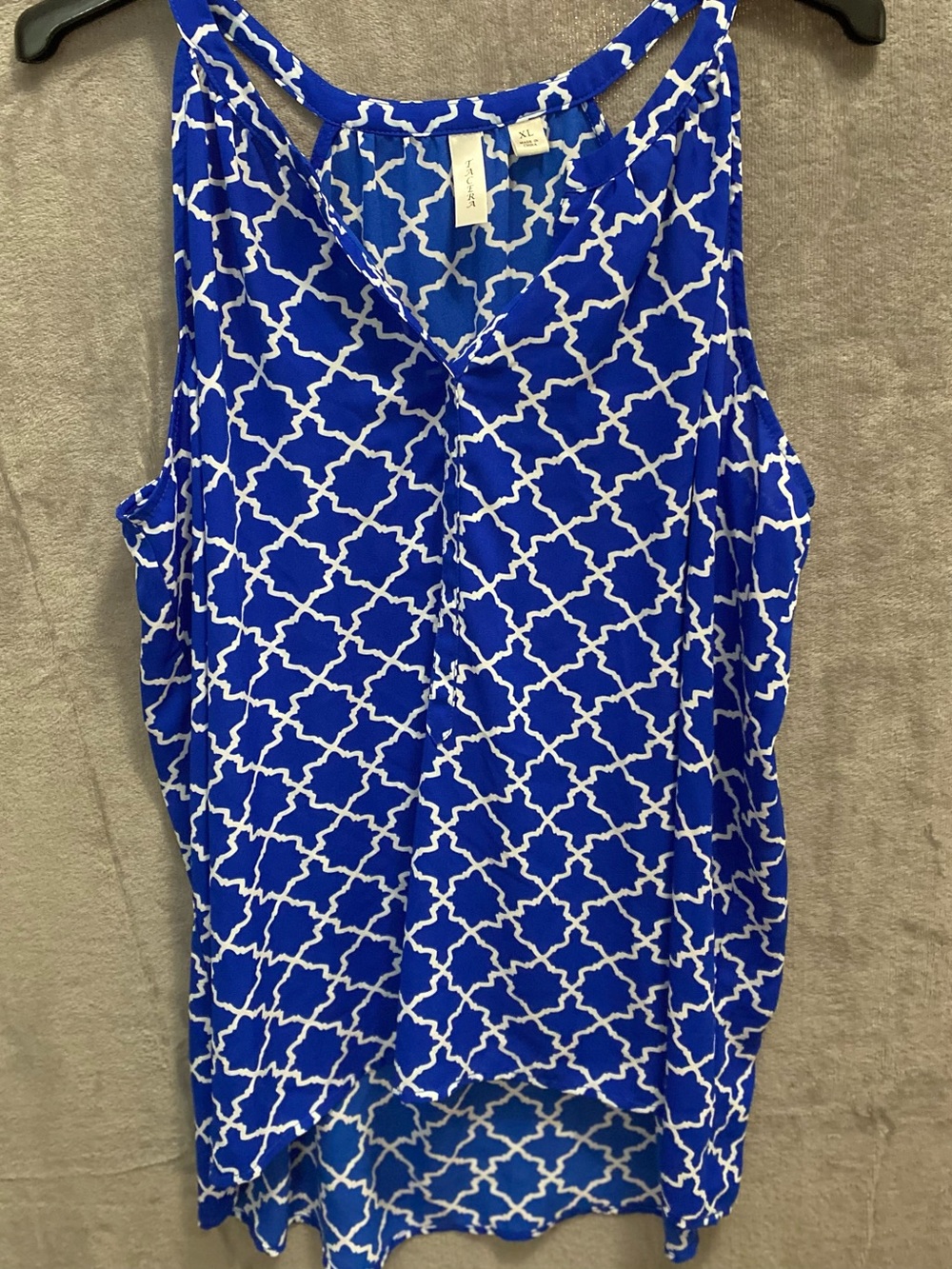 Tacera Women’s Blue/White Geometric Trellis Sleeveless Blouse XL Office Layering